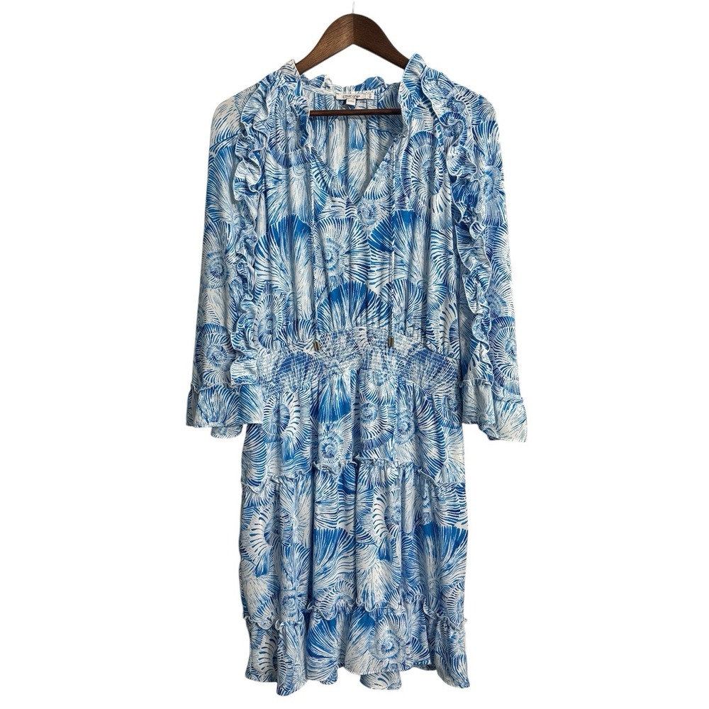 Chicos‎ dress women's 10 blue hawaiian tropical sea shell ruffle cruise resort